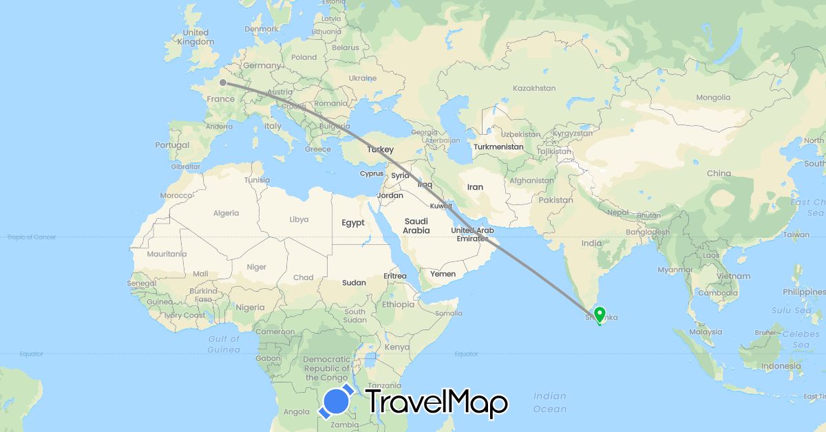 TravelMap itinerary: bus, plane, train in United Arab Emirates, France, Sri Lanka (Asia, Europe)